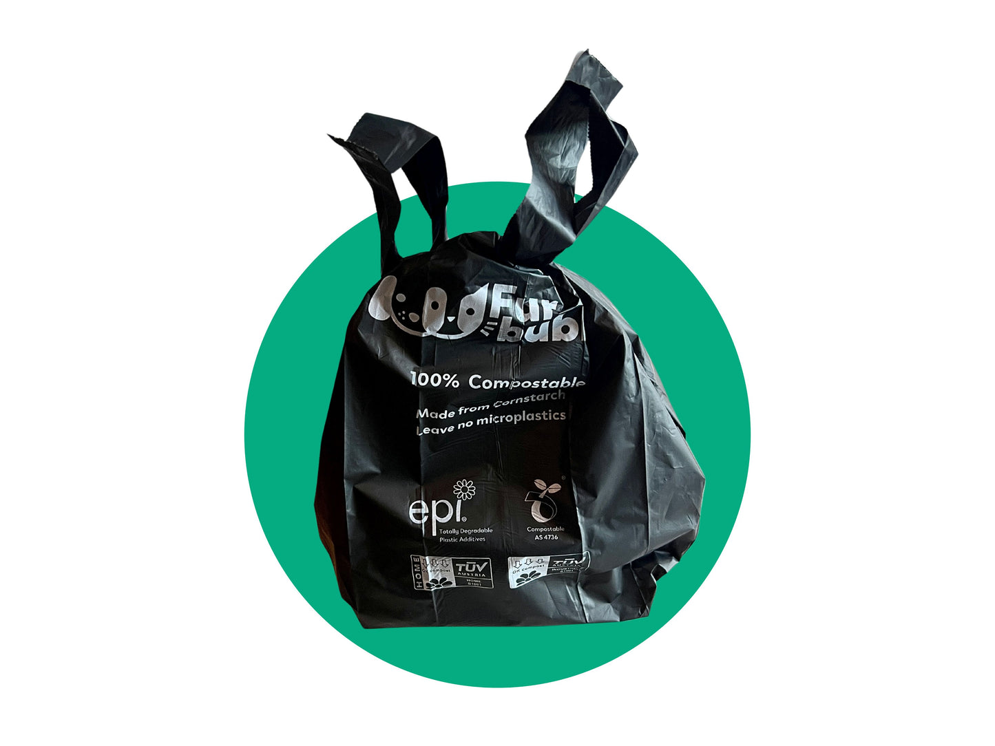 black colour biodegradable dog poop bags. Furbubba Doggie Poop Bags on green circle, Compostable Cornstarch Dog Waste Bags. biodegradable dog poop bags australia. eco friendly waste bags.