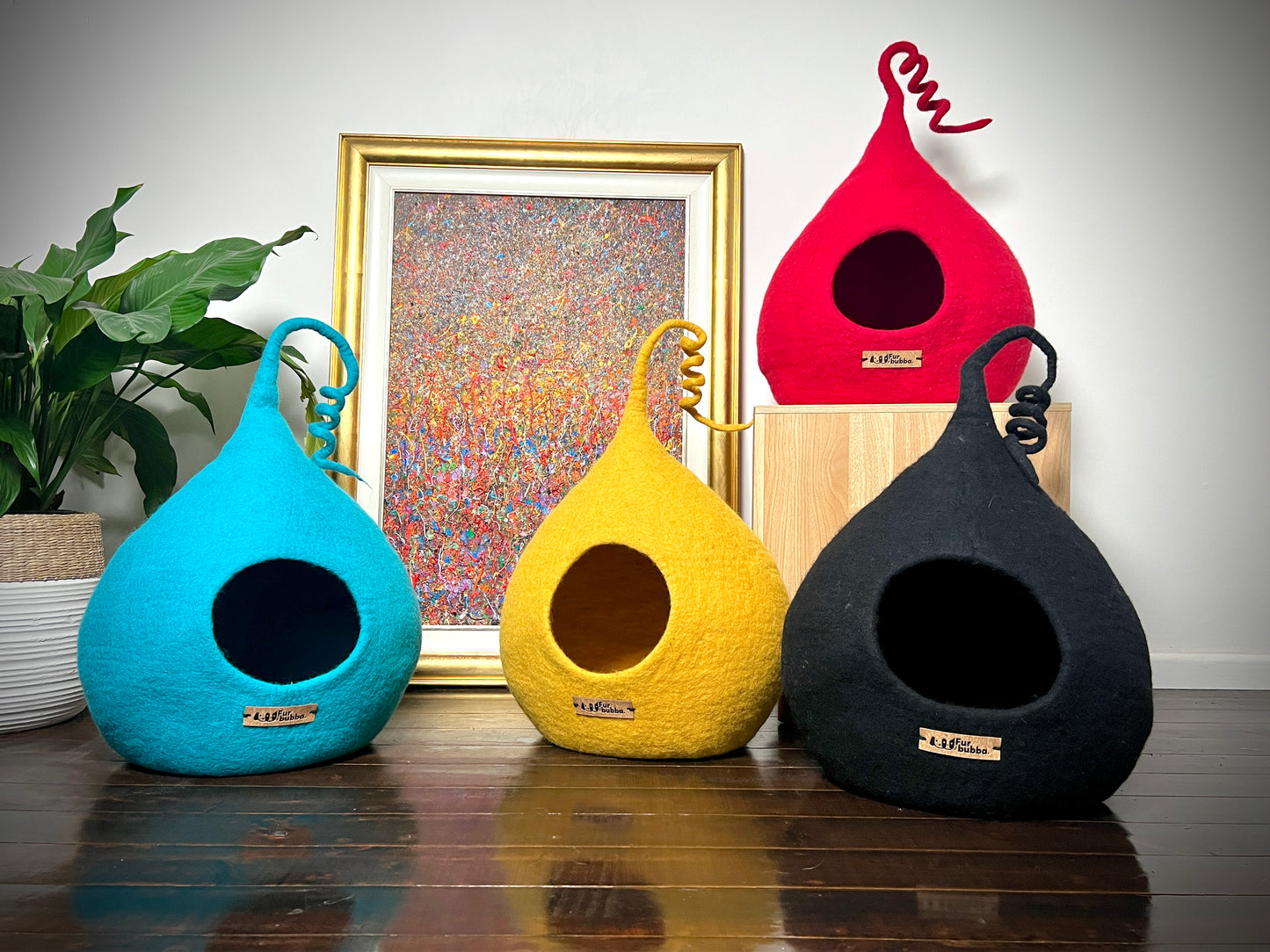 Colourful cat beds, blue cat cave, yellow cat cave, black cat cave, red cat cave
