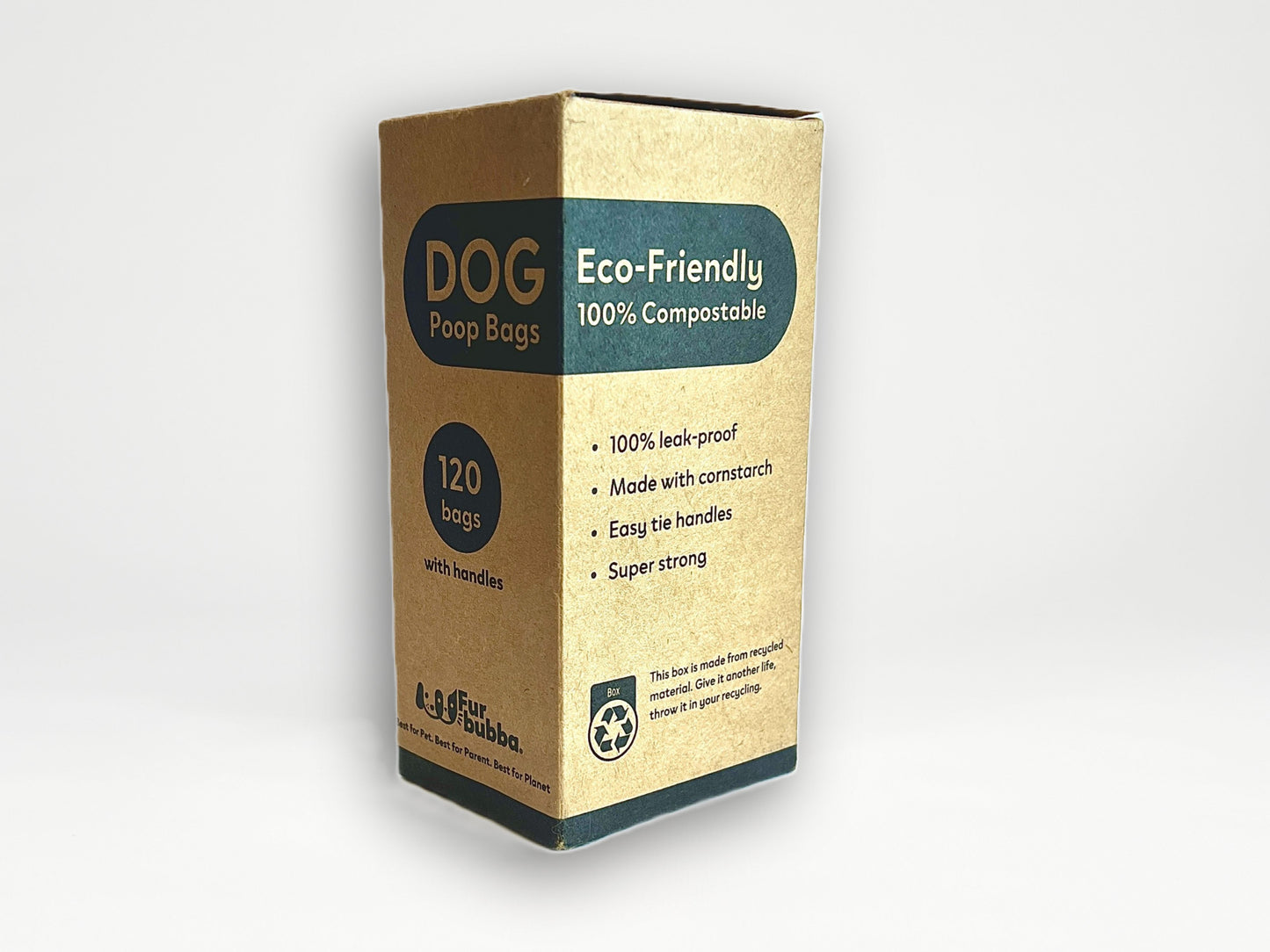Furbubba Box of 120 Eco-Friendly waste bags. Compostable Dog Poo Bags. compostable dog poop bags with handles. biodegradable poop bags from Australia. large dog poop bags. large dog poop bags. black dog poop bags. eco friendly dog poop bags.
