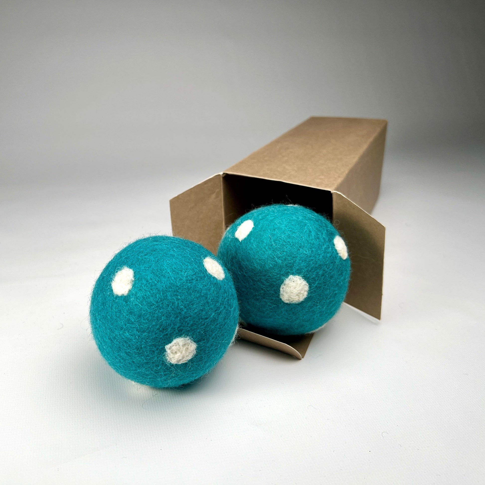 Dog Toys - two felt balls in a box, blue colour indoor soft dog catch balls with white polka dots