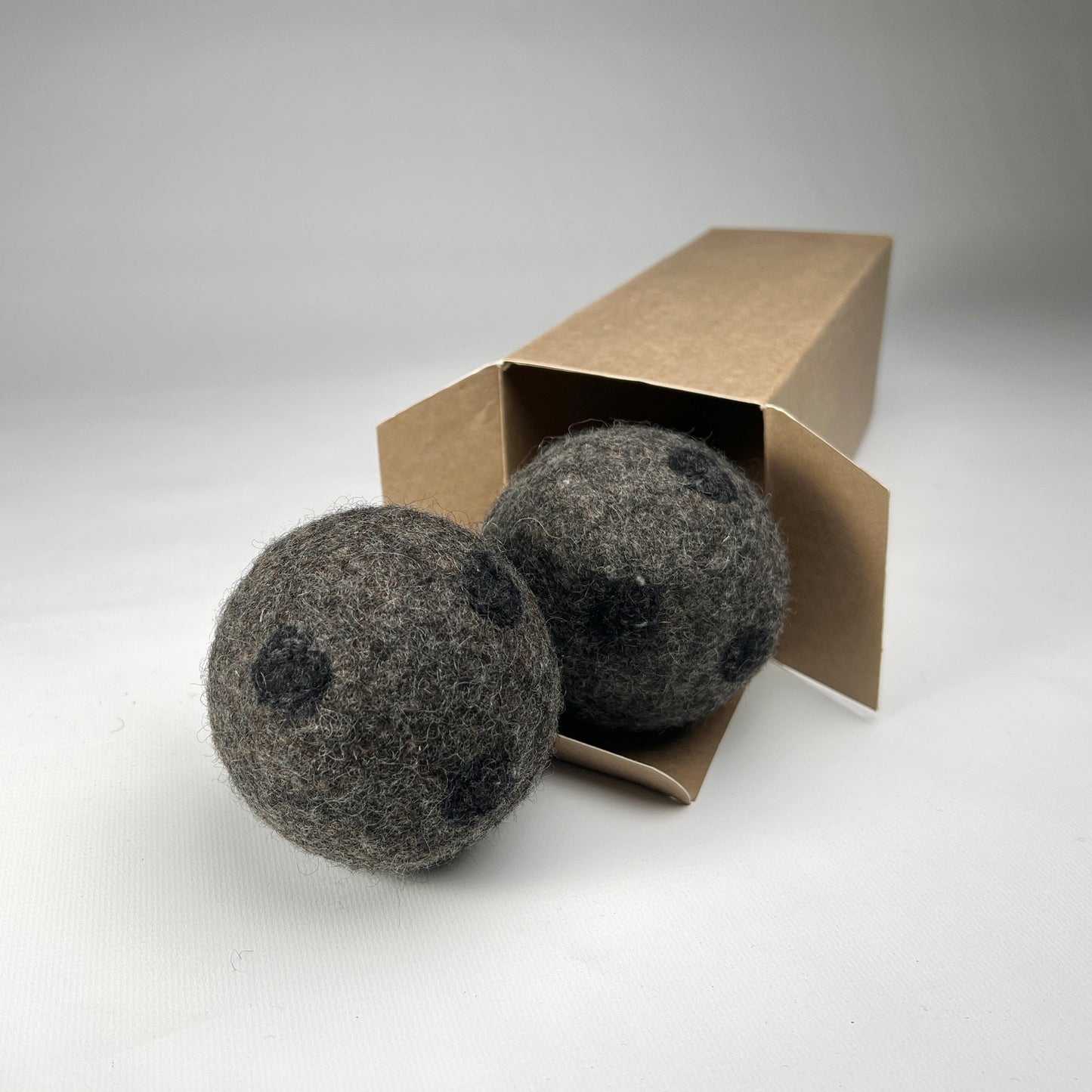 Dog Toys - two felt balls in a box, grey colour indoor soft dog catch balls with black polka dots