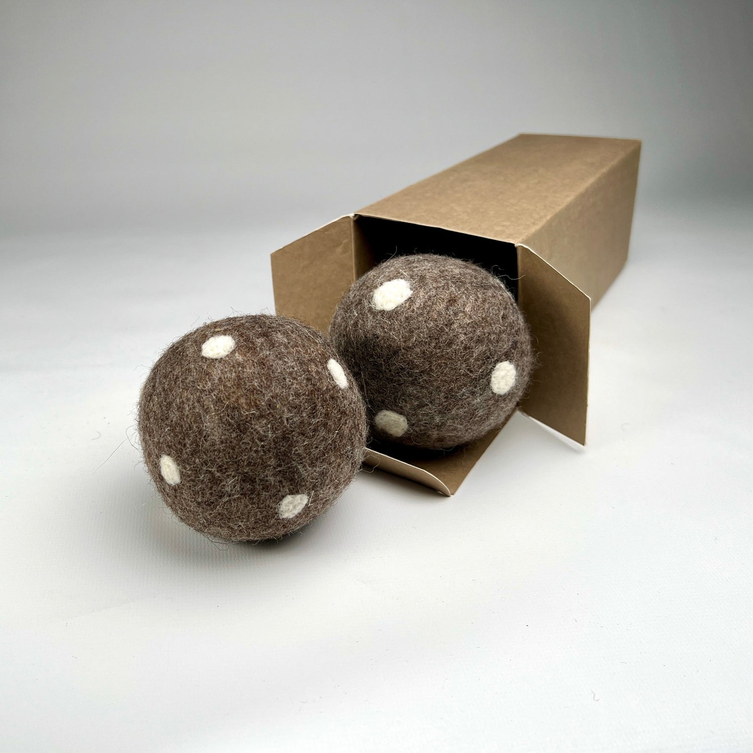 Dog Toys - two felt balls in a box, brown / neutral colour indoor soft dog catch balls with white polka dots
