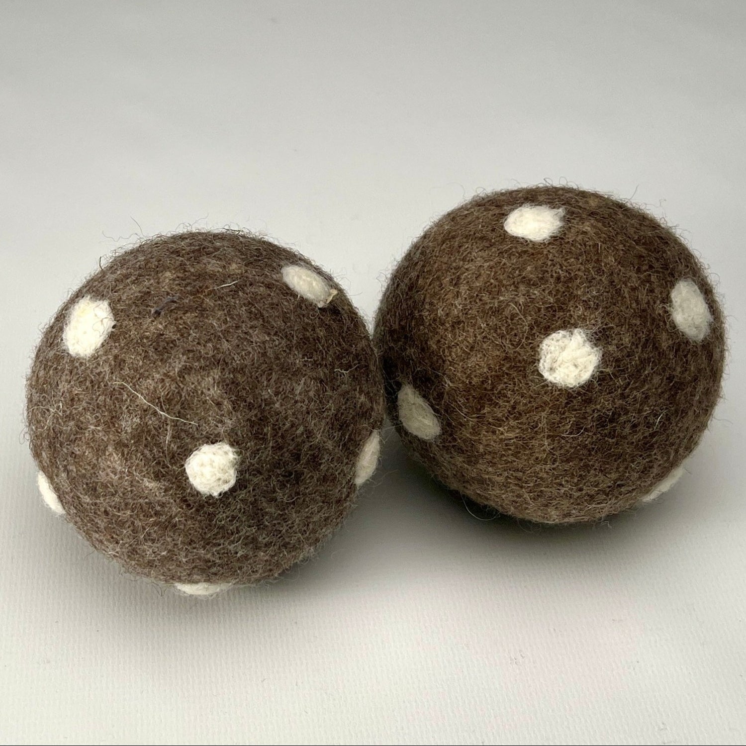 Dog Toys - two large soft, felt dog balls - brown / neutral colour with white polka dots