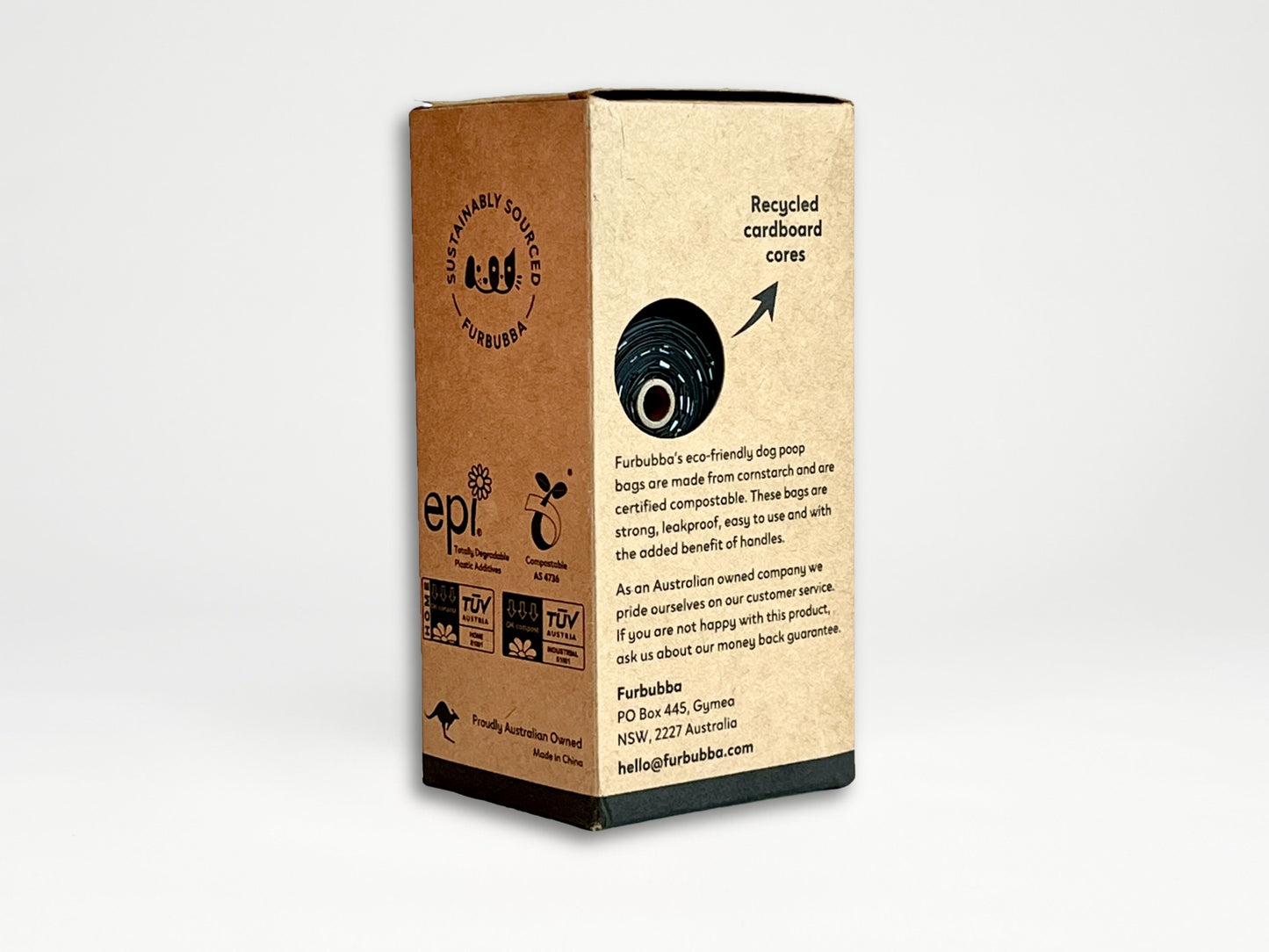 Box of Furbubba eco friendly, biodegradable dog poop bags waste bags, Dog Waste Disposal, Plastic Free Cornstarch Dog Poop Bags . Dog Waste Bags Australia. biodegradable poop bags. compostable dog poop bags with handles Australia.