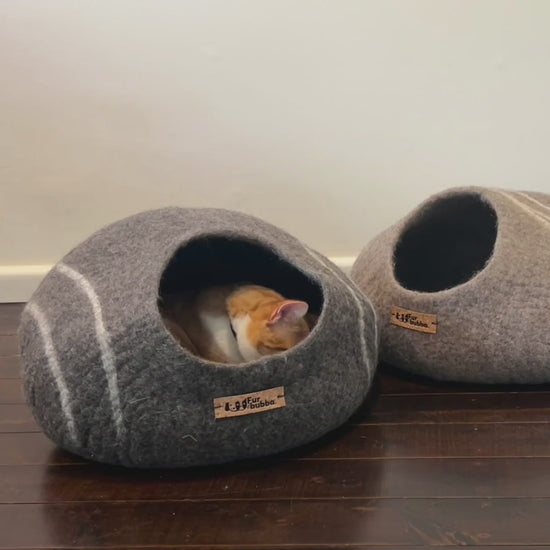 Cat cleaning itself inside a Furbubba Cat Cave - Felt Cat House, Best Cat Beds